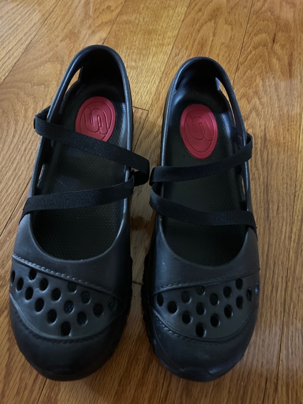 Skechers Black Mary Jane Flats with Red Insole Detail. Velcro Straps